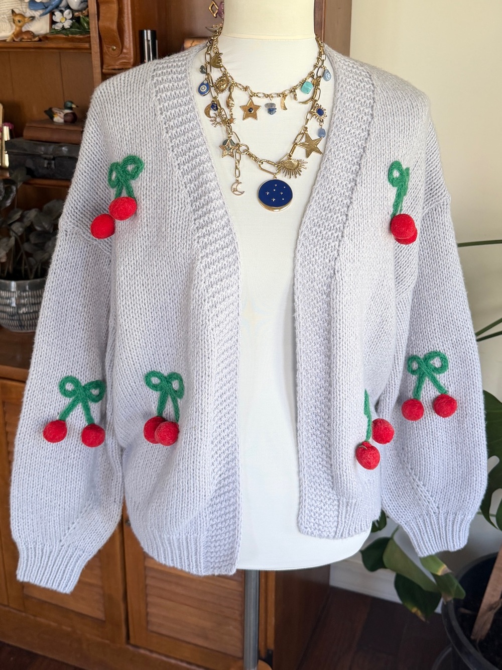 Luna Ivy Open Front Pale Blue Sweater Cardigan w/ 3D Red Cherry Details S